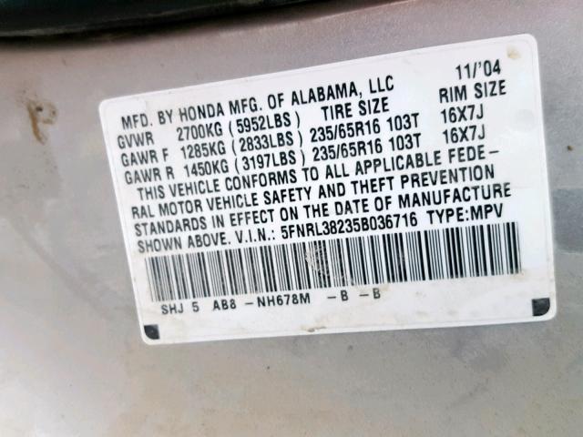 5FNRL38235B036716 - 2005 HONDA ODYSSEY LX SILVER photo 10