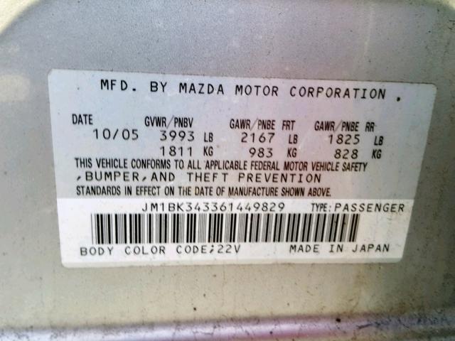 JM1BK343361449829 - 2006 MAZDA 3 HATCHBAC GRAY photo 10