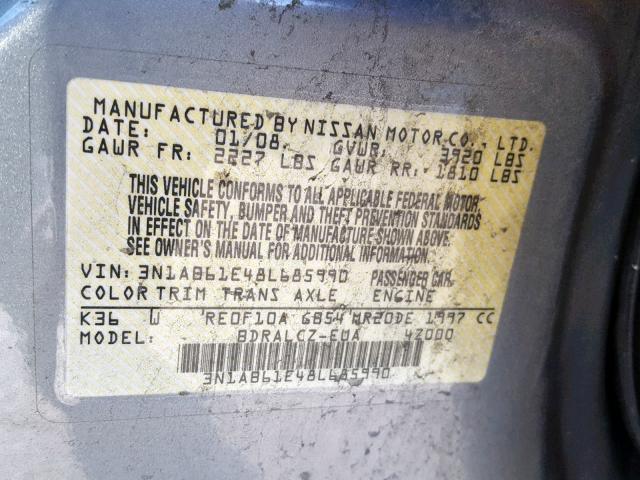 3N1AB61E48L685990 - 2008 NISSAN SENTRA 2.0 GRAY photo 10