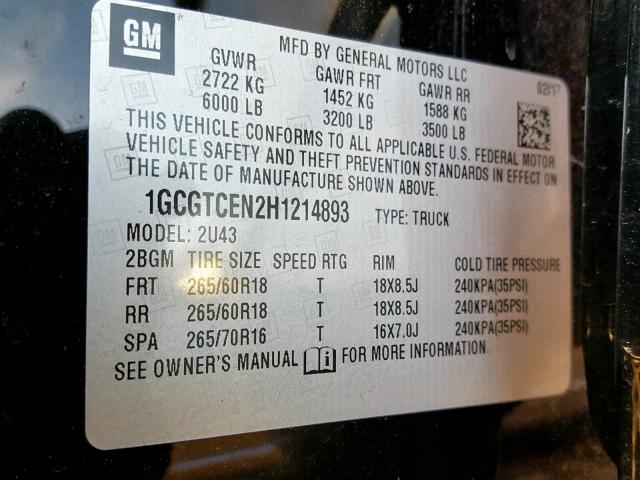 1GCGTCEN2H1214893 - 2017 CHEVROLET COLORADO L BLACK photo 10