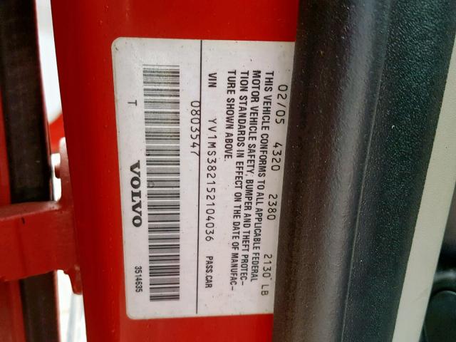 YV1MS382152104036 - 2005 VOLVO S40 2.4I RED photo 10