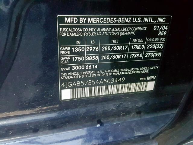 4JGAB57E54A503449 - 2004 MERCEDES-BENZ ML 350 BLUE photo 10