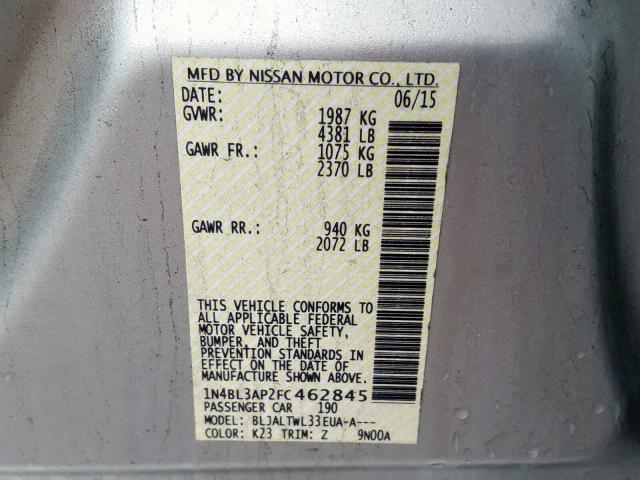 1N4BL3AP2FC462845 - 2015 NISSAN ALTIMA 3.5 SILVER photo 10