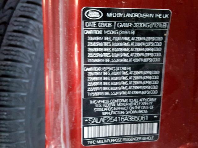 SALAE25416A385061 - 2006 LAND ROVER LR3 SE RED photo 10