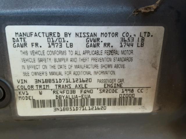 3N1BB51D71L121620 - 2001 NISSAN SENTRA SE GRAY photo 10