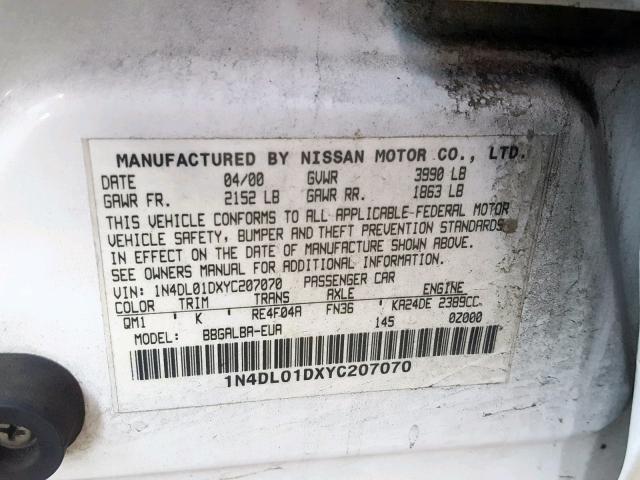 1N4DL01DXYC207070 - 2000 NISSAN ALTIMA XE WHITE photo 10