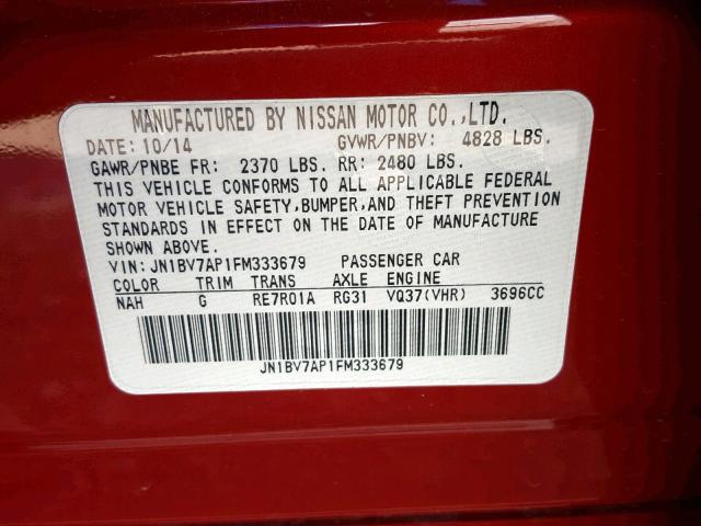 JN1BV7AP1FM333679 - 2015 INFINITI Q50 BASE RED photo 10