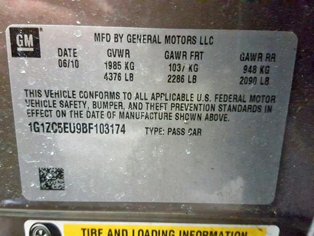 1G1ZC5EU9BF103174 - 2011 CHEVROLET MALIBU 1LT ბეჟი ფოტო 10