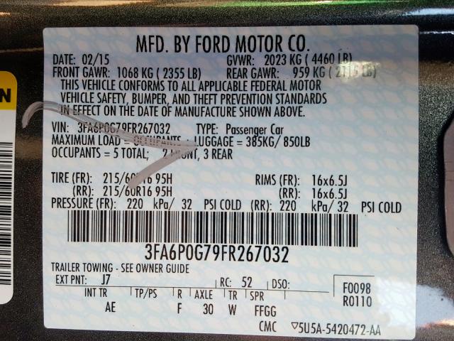 3FA6P0G79FR267032 - 2015 FORD FUSION S GRAY photo 10