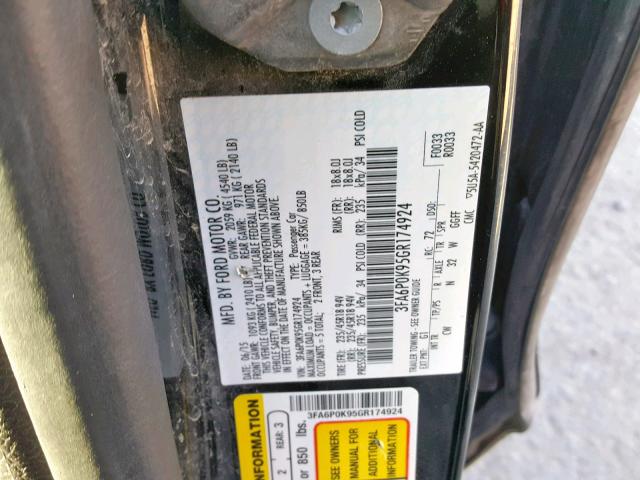 3FA6P0K95GR174924 - 2016 FORD FUSION TIT BLACK photo 10