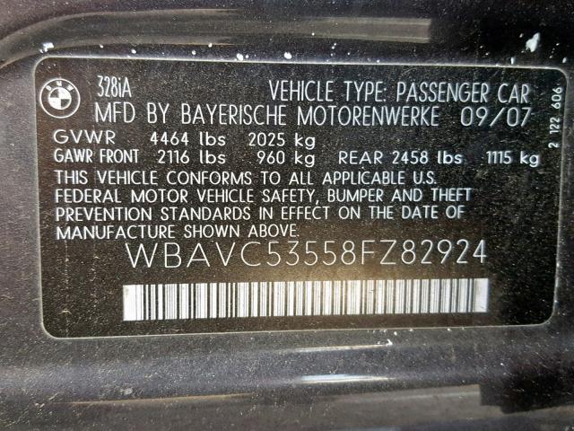 WBAVC53558FZ82924 - 2008 BMW 328 I SULE GRAY photo 10