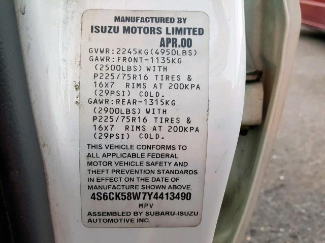 4S6CK58W7Y4413490 - 2000 HONDA PASSPORT E WHITE photo 10