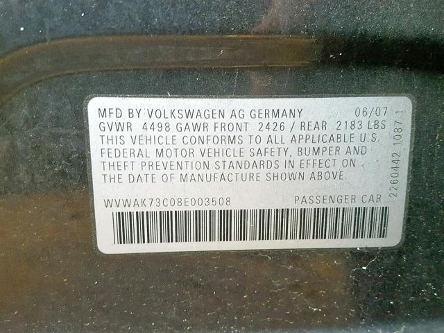 WVWAK73C08E003508 - 2008 VOLKSWAGEN PASSAT KOM CHARCOAL photo 10