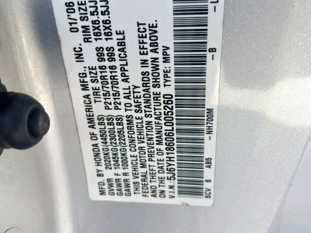 5J6YH18606L005260 - 2006 HONDA ELEMENT EX SILVER photo 10