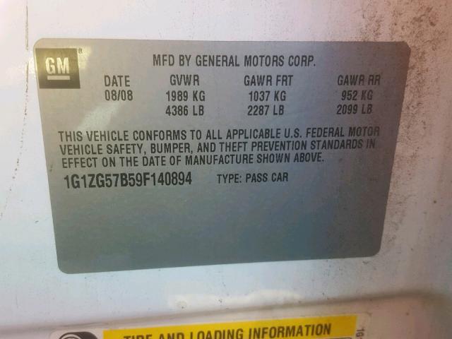 1G1ZG57B59F140894 - 2009 CHEVROLET MALIBU LS 白色 照片 10