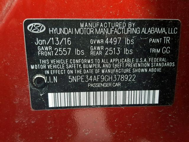 5NPE34AF9GH378922 - 2016 HYUNDAI SONATA SPO RED photo 10