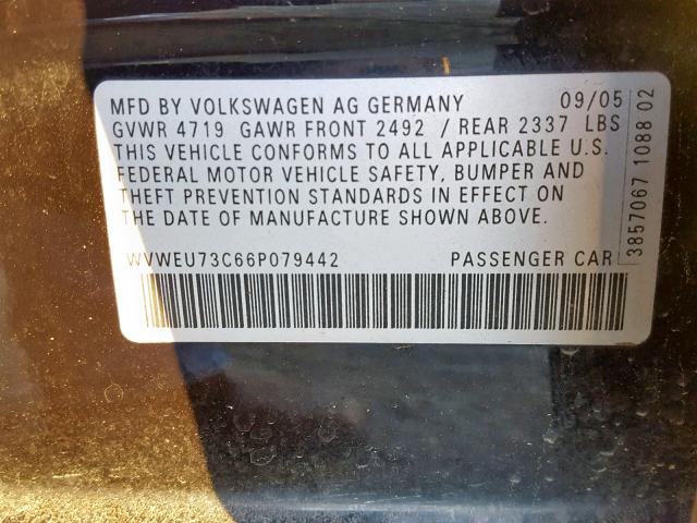 WVWEU73C66P079442 - 2006 VOLKSWAGEN PASSAT 3.6 BLACK photo 10