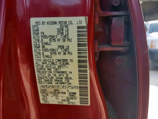 1N6MD29X72C357529 - 2002 NISSAN FRONTIER C RED photo 10