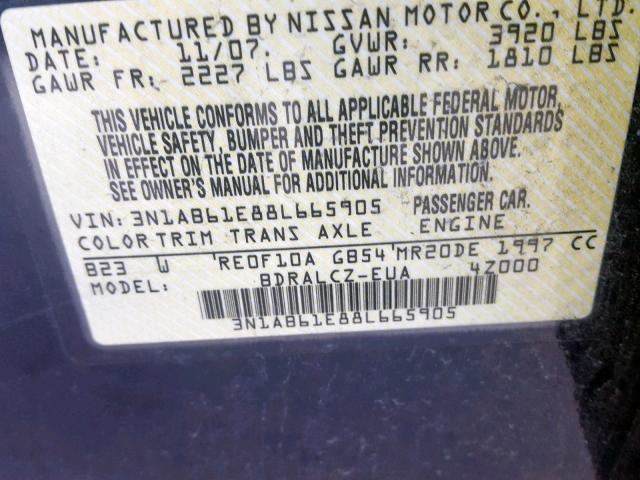 3N1AB61E88L665905 - 2008 NISSAN SENTRA 2.0 BLUE photo 10