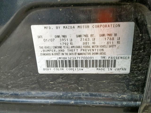 JM1BK323X71700091 - 2007 MAZDA 3 S BLACK photo 10