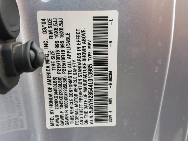 5J6YH28544L013985 - 2004 HONDA ELEMENT EX GRAY photo 10