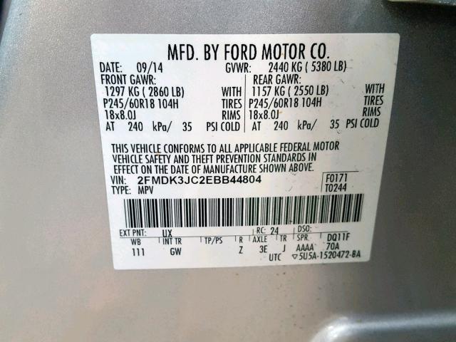 2FMDK3JC2EBB44804 - 2014 FORD EDGE SEL SILVER photo 10