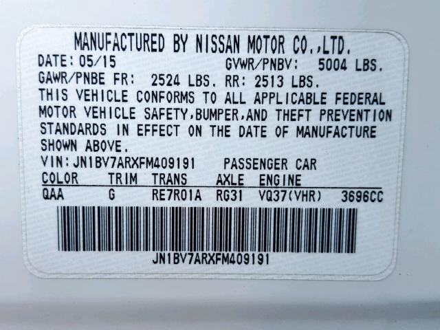 JN1BV7ARXFM409191 - 2015 INFINITI Q50 BASE WHITE photo 10