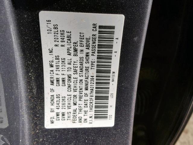 1HGCR3F87HA012364 - 2017 HONDA ACCORD EXL GRAY photo 10