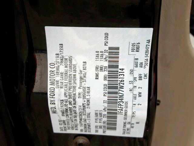 1FAFP34N77W261314 - 2007 FORD FOCUS ZX4 BLACK photo 10