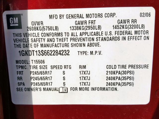 1GKDT13S662284232 - 2006 GMC ENVOY RED photo 10