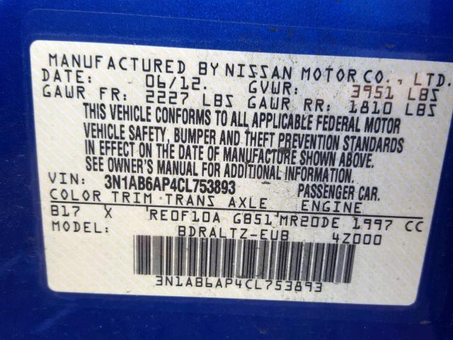 3N1AB6AP4CL753893 - 2012 NISSAN SENTRA 2.0 BLUE photo 10