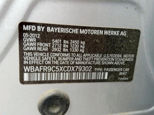 WBAFR9C5XCDX79302 - 2012 BMW 550 I SILVER photo 10