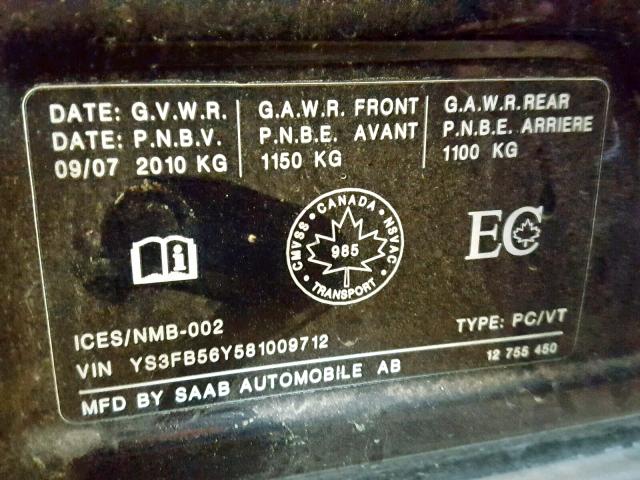 YS3FB56Y581009712 - 2008 SAAB 9-3 2.0T BLACK photo 10