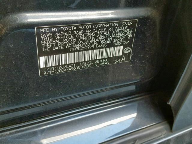 JTHBK262995104685 - 2009 LEXUS IS 250 BLACK photo 10