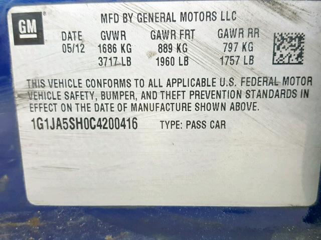 1G1JA5SH0C4200416 - 2012 CHEVROLET SONIC LS 蓝色 照片 10