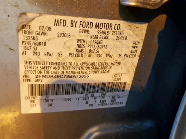 2FMDK49C78BA73856 - 2008 FORD EDGE LIMIT SILVER photo 10