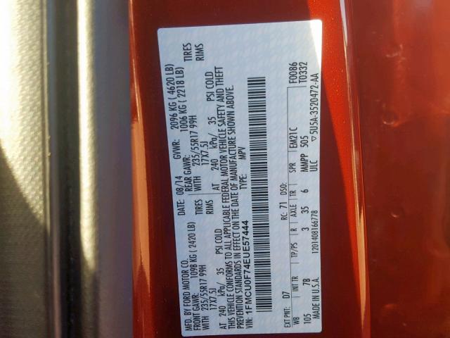 1FMCU0F74EUE57444 - 2014 FORD ESCAPE S ORANGE photo 10