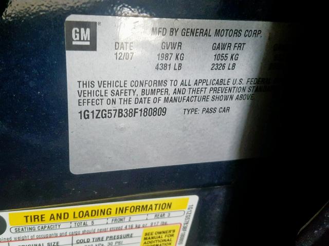 1G1ZG57B38F180809 - 2008 CHEVROLET MALIBU LS 蓝色 照片 10