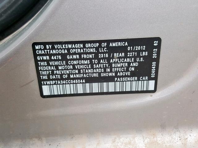 1VWBP7A34CC045044 - 2012 VOLKSWAGEN PASSAT SE SILVER photo 10