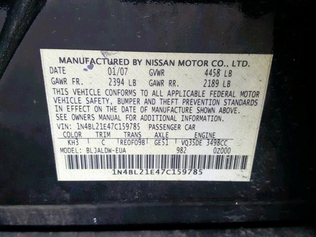 1N4BL21E47C159785 - 2007 NISSAN ALTIMA 3.5 BLACK photo 10