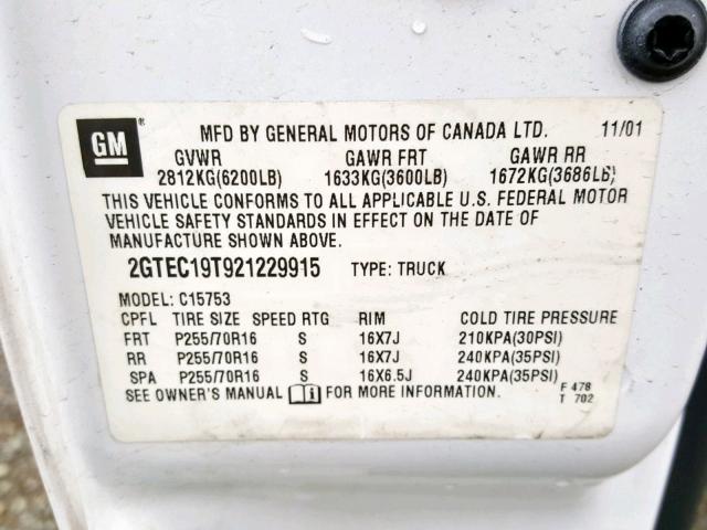 2GTEC19T921229915 - 2002 GMC NEW SIERRA WHITE photo 10