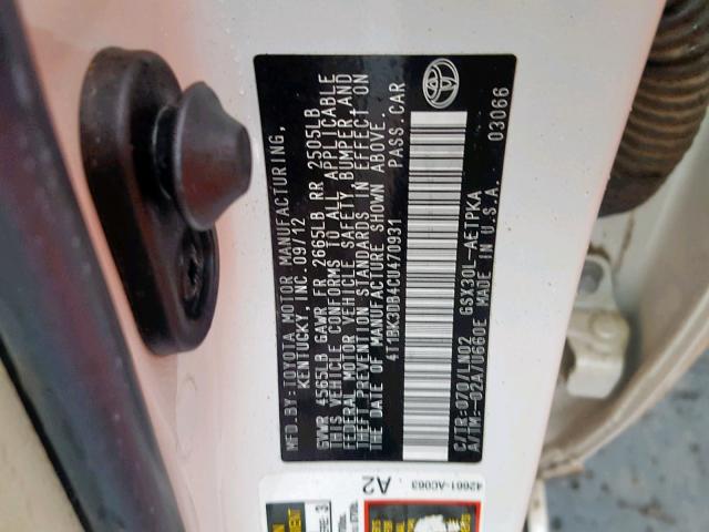 4T1BK3DB4CU470931 - 2012 TOYOTA AVALON BAS Ақ фото 10