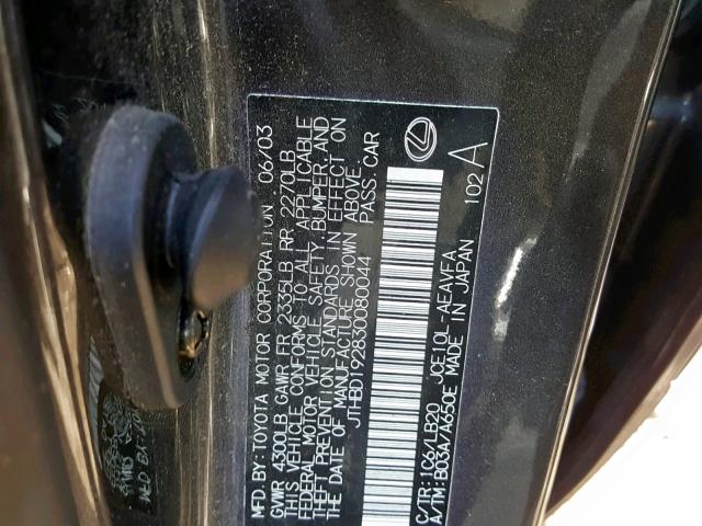 JTHBD192830080044 - 2003 LEXUS IS 300 GRAY photo 10