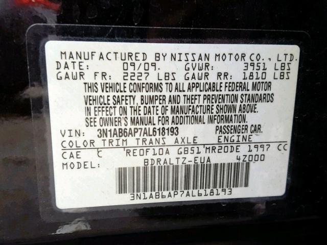 3N1AB6AP7AL618193 - 2010 NISSAN SENTRA 2.0 BLACK photo 10