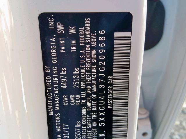 5XXGU4L37JG209686 - 2018 KIA OPTIMA EX WHITE photo 10