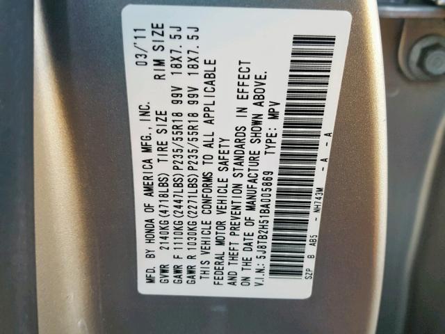 5J8TB2H51BA005869 - 2011 ACURA RDX TECHNO SILVER photo 10