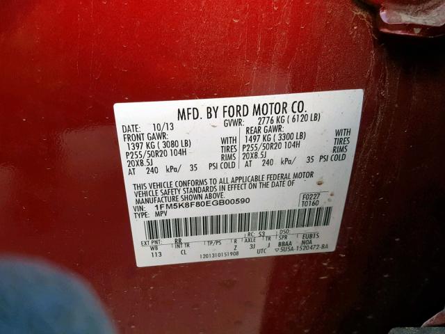 1FM5K8F80EGB00590 - 2014 FORD EXPLORER L BURGUNDY photo 10