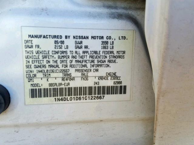 1N4DL01D61C122667 - 2001 NISSAN ALTIMA XE WHITE photo 10