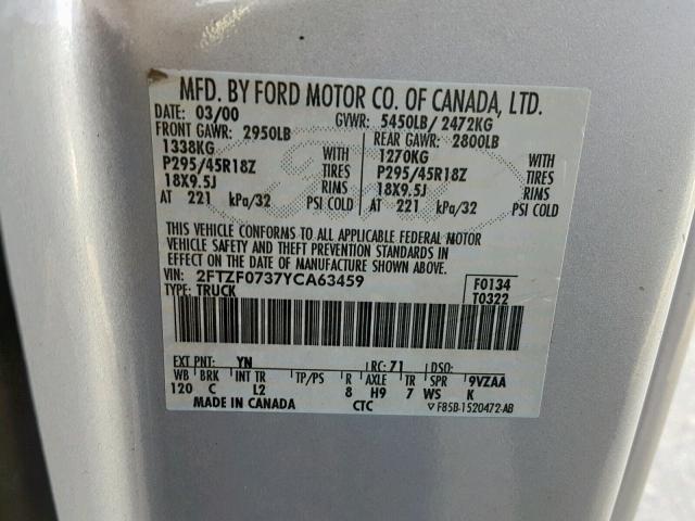 2FTZF0737YCA63459 - 2000 FORD F150 SVT L SILVER photo 10