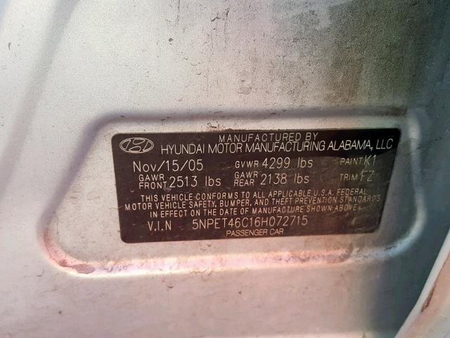 5NPET46C16H072715 - 2006 HYUNDAI SONATA GL SILVER photo 10